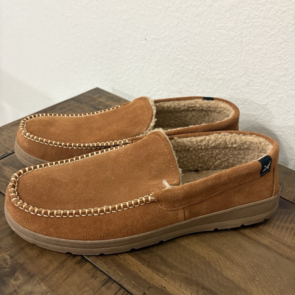 Eddie Bauer Loudon Suede Slippers Mens XXL 13 Brown Memory Foam Faux Fur